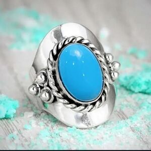 Silver Bright Sea Blue Oval Gemstone Ring